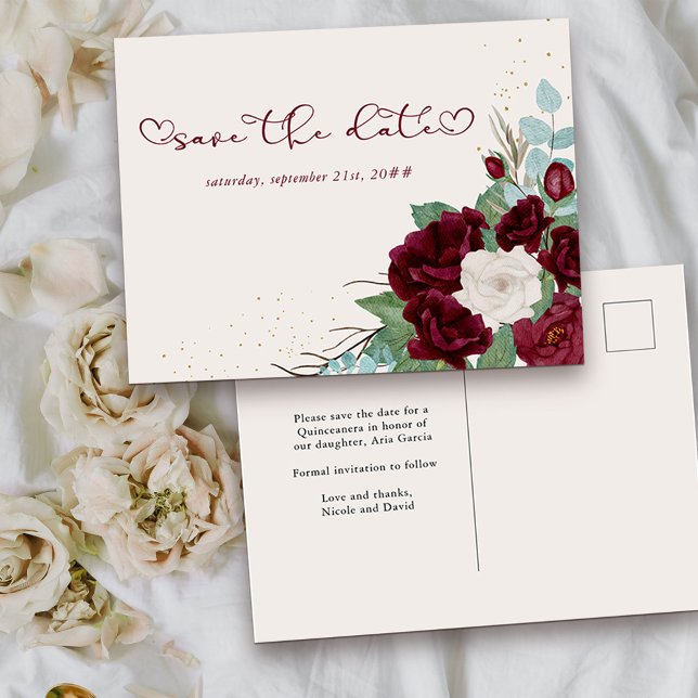 Carte Postale Faire-part Floral de Rose de Bourgogne et d'Ivoire Enregistre (Elegant Floral Save the Date from my Royal Roses collection
)