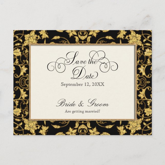 Carte Postale Faire-part Floral Gold Black Mariage formel Enregistrer la da (Devant)