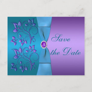 Carte Postale Faire-part Floral pourpre et turquoise Enregistrer la date