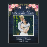 Carte Postale Faire-part Floral rose bois bleu rustique Enregistrer la date<br><div class="desc">Bois Bleu Rustique Enregistrer La Date Fiançailles Photo Carte Postale - Aquarelle Rose Blush Floral,  Cadre Blanc</div>
