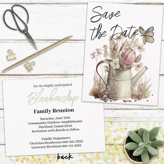 Carte Postale Faire-part Floral Rustique Enregistrer La Date Réunion Famili (Quaint watering can save the date postcard ready for your family reunion planning  .)