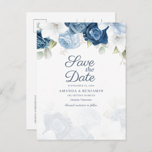 Carte Postale Faire-part Floral Script Dusty Blue Wedding Enregistrer La Da
