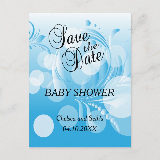 Carte Postale Faire-part Florid Baby Blue Bokeh | Baby shower garçon (Devant)