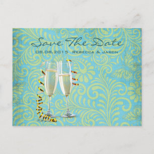 Carte Postale Faire-part flûtes vintages de champagne or turquoise mariage 