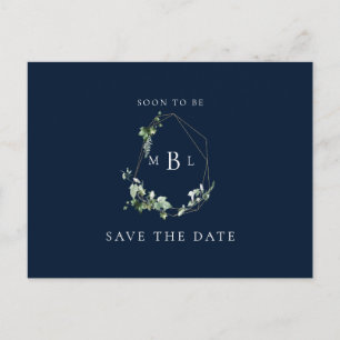 Carte Postale Faire-part Foliage Monogramme Mariage Économisez la Date Navy