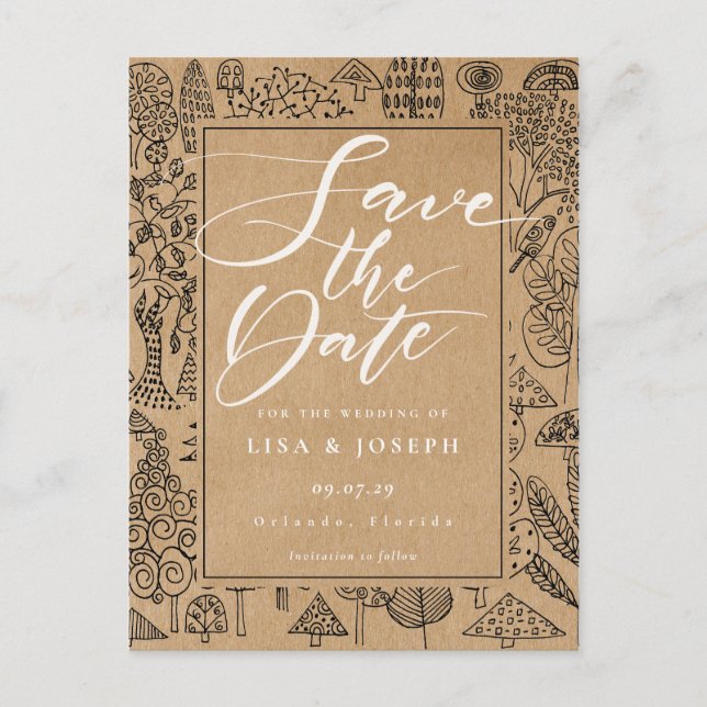 Carte Postale Faire-part Forêt boisée Rustique Kraft Script Enregistrer la  (Devant)