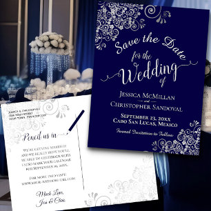 Carte Postale Faire-part Frills d'argent sur Marine Blue Wedding Enregistre