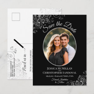 Carte Postale Faire-part Frils argentés sur une photo de mariage noir pour