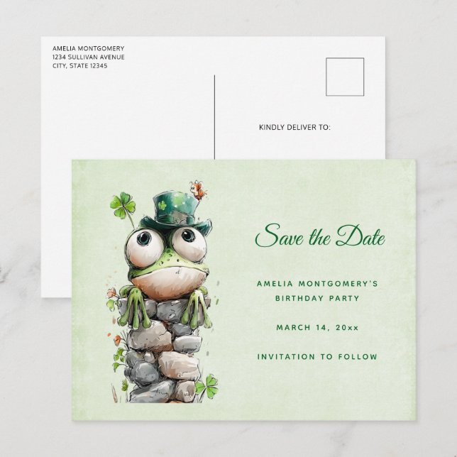 Carte Postale Faire-part Frog with Green Hat and Shamrock Cute (Devant / Derrière)