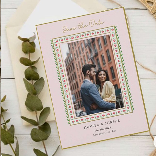 Carte Postale Faire-part Frontière Fleur Ethnique Pink Photo Save the Day (Créateur téléchargé)