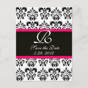 CARTE POSTALE FAIRE-PART FUCHSIA ROSE NOIR ET MONOGRAMME DE DOMMAS BLANC