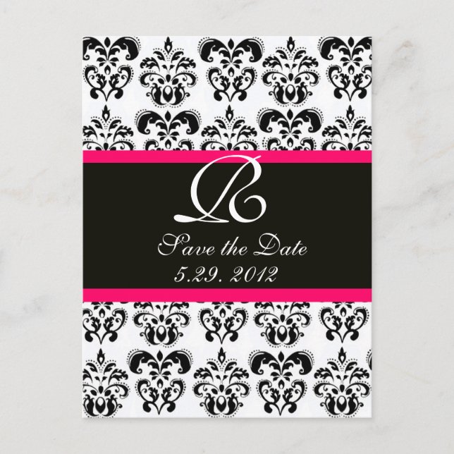 CARTE POSTALE FAIRE-PART FUCHSIA ROSE NOIR ET MONOGRAMME DE DOMMAS BLANC (Devant)