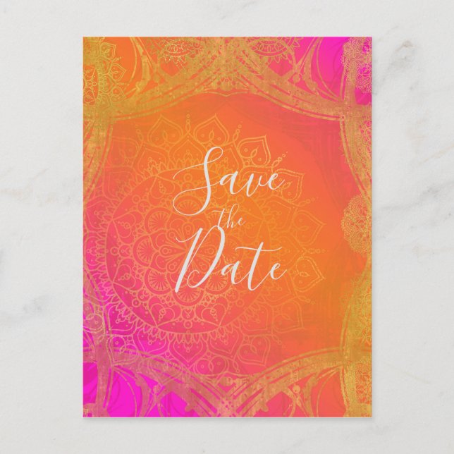 Carte Postale Faire-part Fuchsia Rose Orange Et Mandala Doré Enregistrer La (Devant)