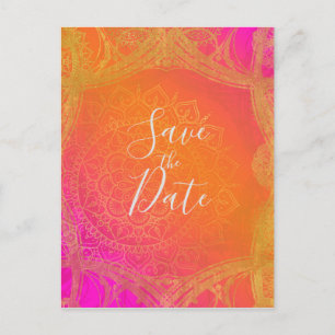 Carte Postale Faire-part Fuchsia Rose Orange Et Or Mandala Save the Date