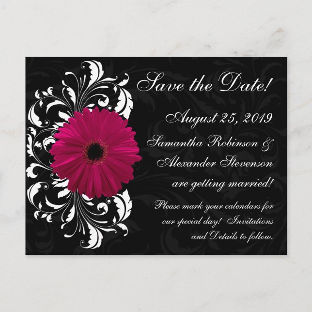 Carte Postale Faire-part Fuchsia Scroll Gerbera Daisy Black Enregistrer la  (Devant)
