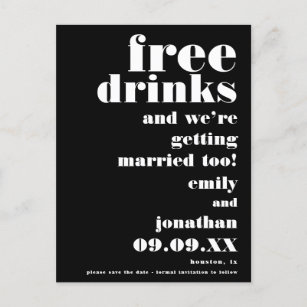Carte Postale Faire-part Fun Free Drink Black White Wedding Sauvez La Date