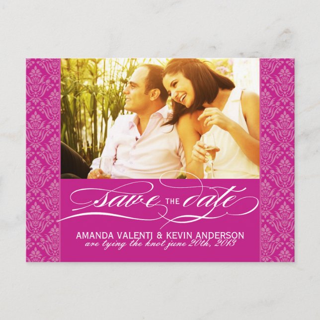 Carte Postale Faire-part Fuschia Damask Enregistrer la date (Devant)