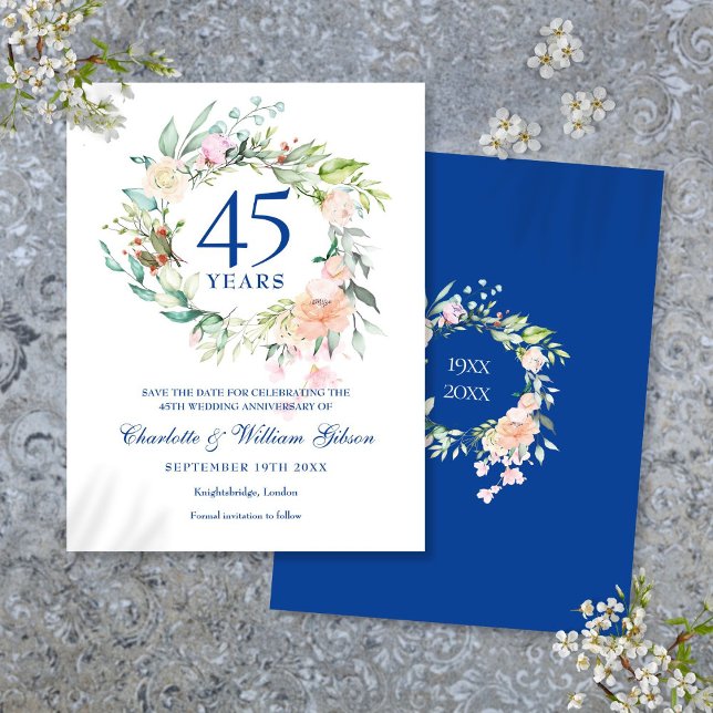 Carte Postale Faire-part Garland rose 45e 65e anniversaire Enregistrer la d (Roses Garland 45th 65th Anniversary Save the Date Announcement Postcard)