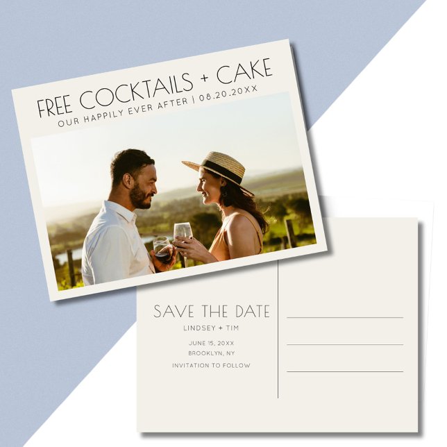 Carte Postale Faire-part Gâteau de cocktails gratuits drôles Mariage Sauver (Funny Free Cocktails Cake Wedding Save the Date Announcement Postcard)