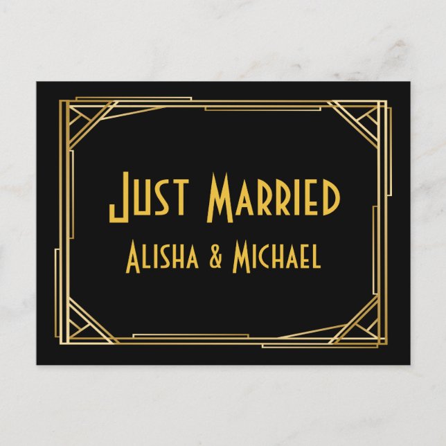 Carte Postale Faire-part Gatsby Just Married Gold Black Art Déco Mariage (Devant)