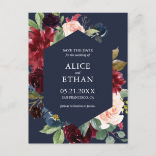 Carte Postale Faire-part Geometric Burgundy Et Bleu Marine Save The Date