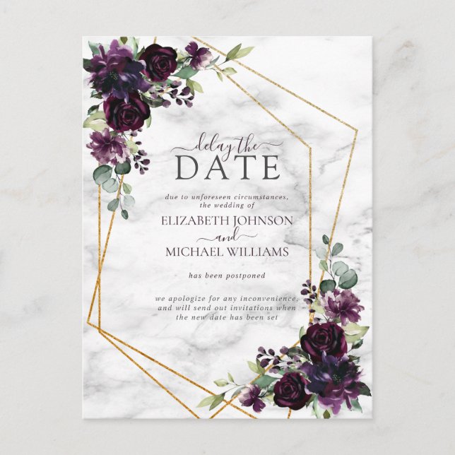 Carte Postale Faire-part Geometric Plum Violet Marble Reporter la date (Devant)