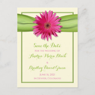 Carte Postale Faire-part Gerbera Daisy Wedding Green Pink Sauvez la date