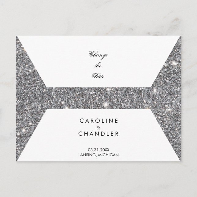 Carte Postale Faire-part Glam Argent Paillettes Changement de date de maria (Devant)