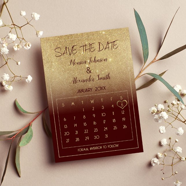 Carte Postale Faire-part Glam Burgundy Gold Parties scintillant Calendrier  (Glam Burgundy Gold Glitter Calendar Save the Date)