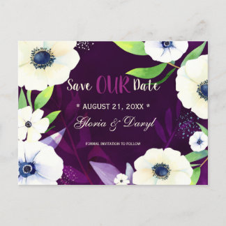 Carte Postale Faire-part Glam floral violet mariage Enregistrer la date
