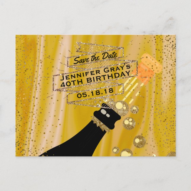 Carte Postale Faire-part Glam Gold Black Enregistrer la date Champagne Anni (Devant)