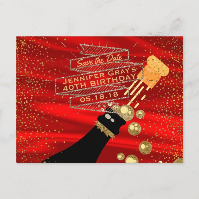 Carte Postale Faire-part Glam Gold Red Enregistrer la date Champagne Annive (Devant)