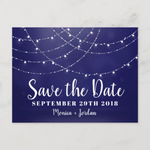 Carte Postale Faire-part Glam White Fairy Lights Blue SAVE DATE