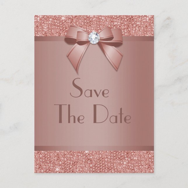 Carte Postale Faire-part Glitzy Rose Gold Bow & Gem fête d'anniversaire (Devant)