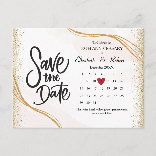 Carte Postale Faire-part Gold 50th Anniversary Gliter The Date Calendar (Devant)