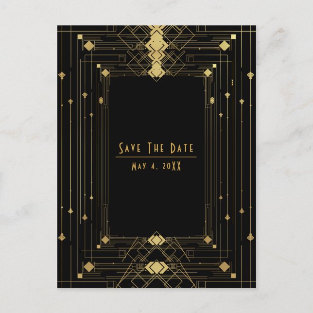 Carte Postale Faire-part Gold Black Deco Gatsby Roaring 20's Enregistrer la (Devant)