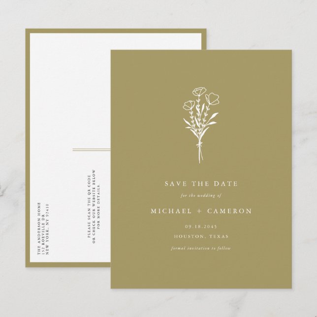 Carte Postale Faire-part Gold Boho Botanical QR Code Enregistrer la date (Devant / Derrière)
