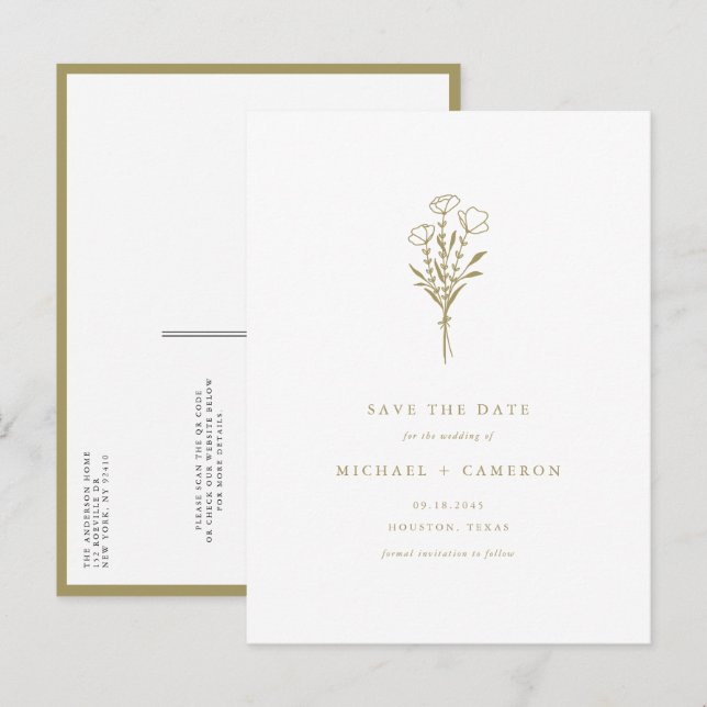 Carte Postale Faire-part Gold Boho Botanical QR Code Enregistrer la date (Devant / Derrière)