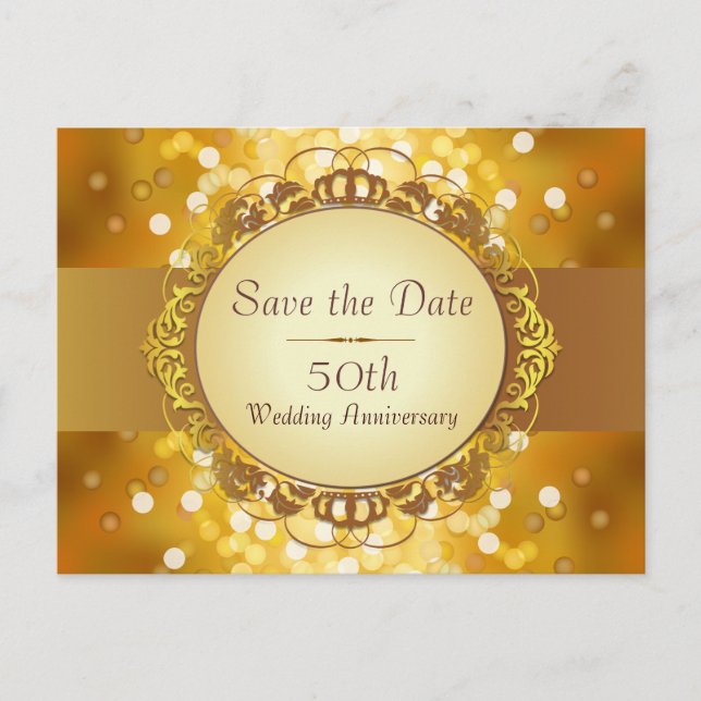 Carte Postale Faire-part Gold Bokeh Enregistrer la date 50e anniversaire (Devant)