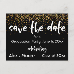 Carte Postale Faire-part Gold Confetti Black Graduation Party Enregistrer l
