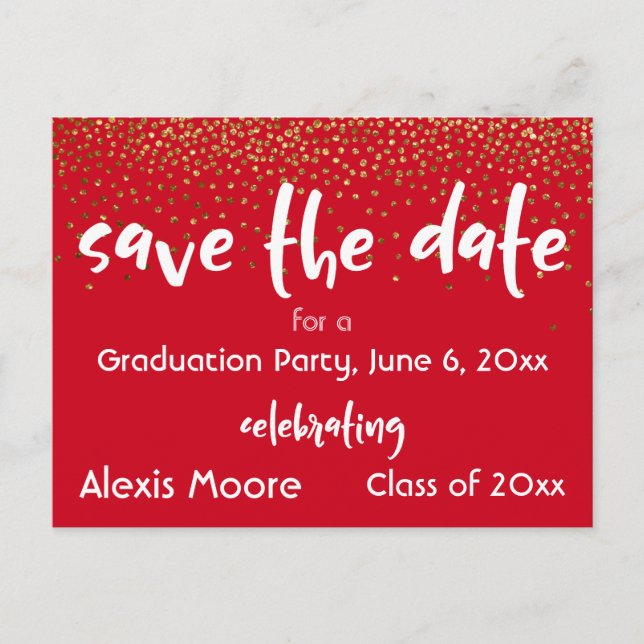 Carte Postale Faire-part Gold Confetti Red Graduation Party Enregistrer la  (Devant)