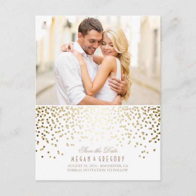 Carte Postale Faire-part Gold Confetti White Elegant Photo Enregistrer la d (Devant)