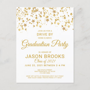 Carte Postale Faire-part Gold Confetti White Graduation Party Drive By