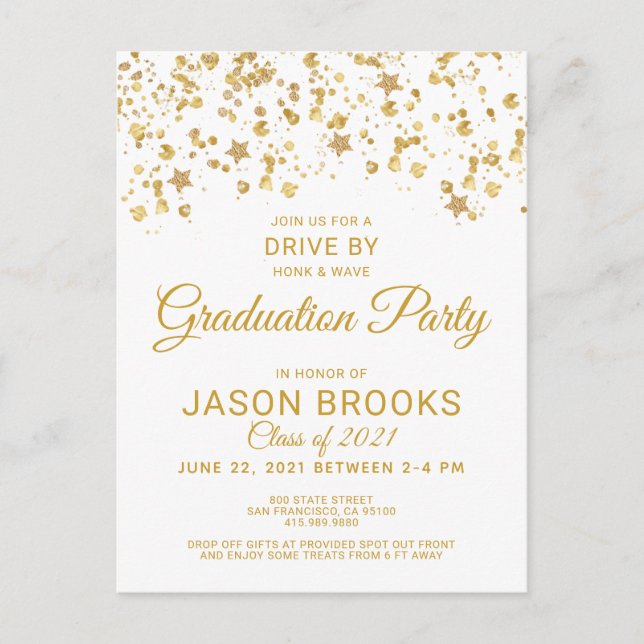 Carte Postale Faire-part Gold Confetti White Graduation Party Drive By (Devant)