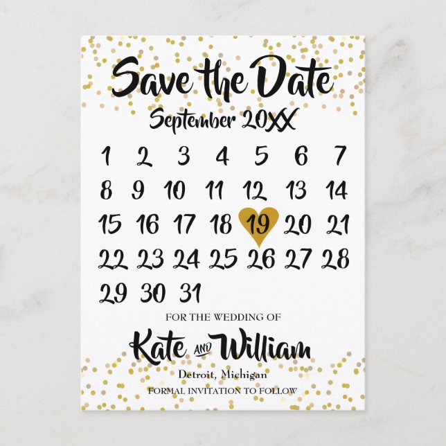 Carte Postale Faire-part Gold Dust Confetti Calendrier Enregistrer la date  (Devant)