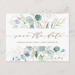 Carte Postale Faire-part Gold et Green Botanical Wedding Enregistrer la dat
