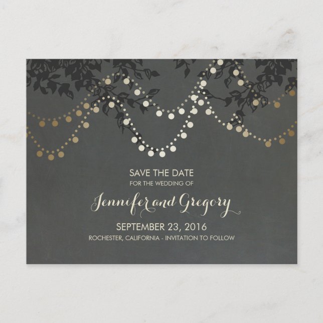 Carte Postale Faire-part Gold Foil String Lights Enregistrer la date (Devant)