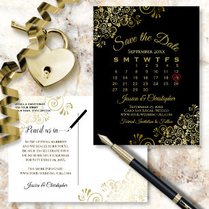 Carte Postale Faire-part Gold Frills Black Wedding Enregistrer le calendrie
