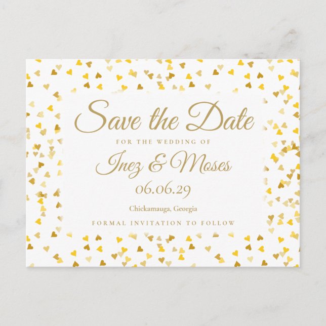 Carte Postale Faire-part Gold Hearts Confetti Enregistrer la date (Devant)