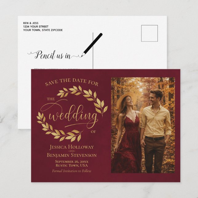 Carte Postale Faire-part Gold Leaves Burgundy Wedding Save the Date Photo (Devant / Derrière)